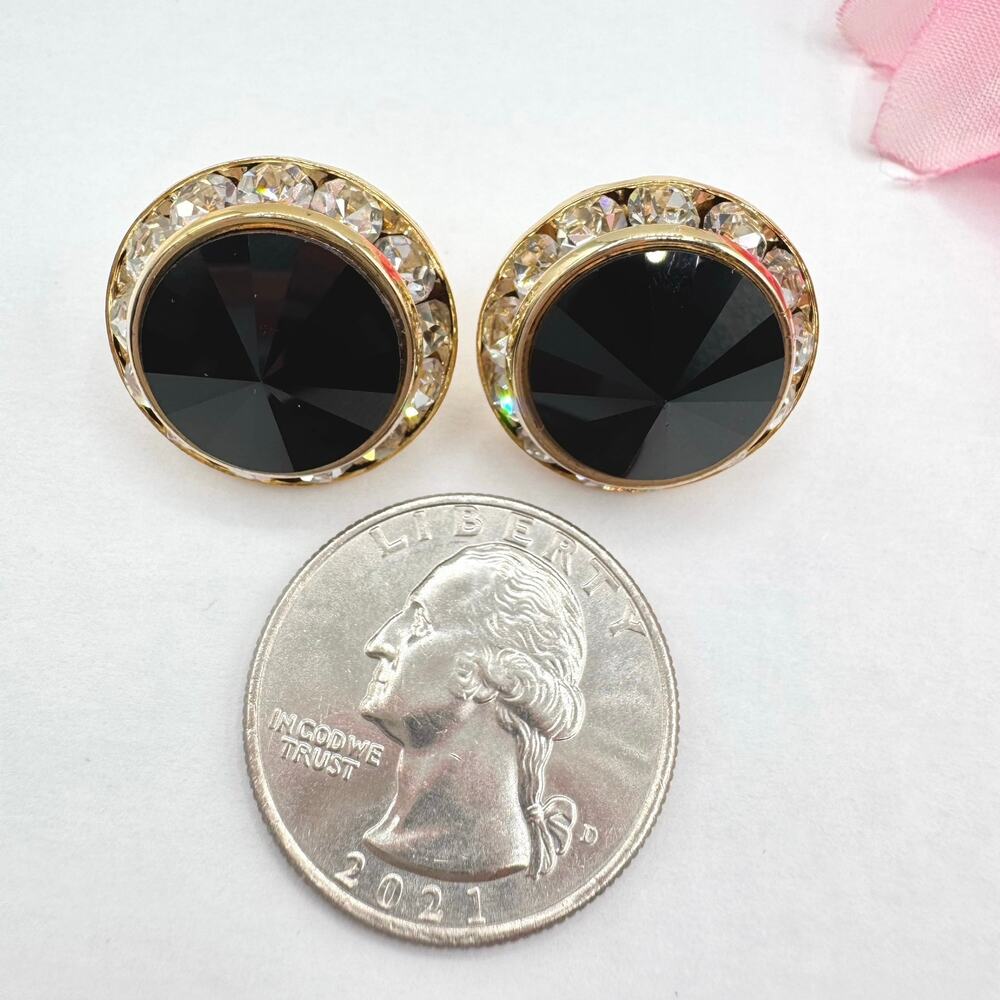 Vintage Black Rivoli Crystal Headlight Halo Stud Earrings Glam Goth Night Out - Picture 5 of 6